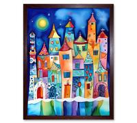 Artery8 Wall Art Print Midnight Abstract Town Folk Art Framed in Brown | Size: W12" x H16" Artery8 Brown W12" x H16"