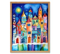 Artery8 Wall Art Print Midnight Abstract Town Folk Art Framed in Light Oak | Size: W12" x H16" Artery8 Light Oak W12" x H16"