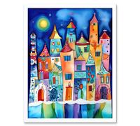 Artery8 Wall Art Print Midnight Abstract Town Folk Art Framed in White | Size: W12" x H16" Artery8 White W12" x H16"
