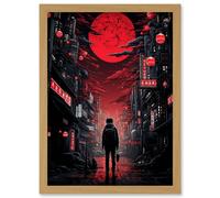 Wall Art Print Midnight Blood Moon in Tokyo Conceptual Artwork Gothic Street Japan Cityscape Artwork Framed A4 Artery8 Light Oak A4