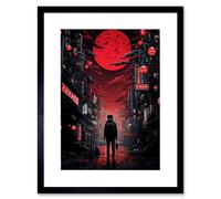 Artery8 Wall Art Print Midnight Blood Moon in Tokyo Conceptual Artwork Gothic Street Japan Cityscape Artwork Framed 9X7 Inch | Size: W7" x H9" Artery8 Black W7" x H9"