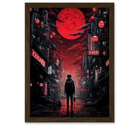 Wall Art Print Midnight Blood Moon in Tokyo Conceptual Artwork Gothic Street Japan Cityscape Artwork Framed A4 Artery8 Brown A4