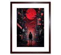 Artery8 Wall Art Print Midnight Blood Moon in Tokyo Conceptual Artwork Gothic Street Japan Cityscape Artwork Framed 9X7 Inch | Size: W7" x H9" Artery8 Brown W7" x H9"
