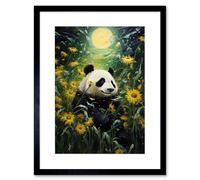Artery8 Wall Art Print Midsummer Night's Panda Dream Oil Painting Panda Bear in a Full Moon Sunflower Field Landscape Kids Bedroom Artwork Framed 9X7 Artery8 Black W7" x H9"