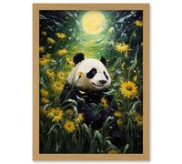 Wall Art Print Midsummer Night's Panda Dream Oil Painting Panda Bear in a Full Moon Sunflower Field Landscape Kids Bedroom Artwork Framed A4 Artery8 Light Oak A4