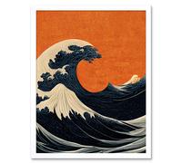 Artery8 Wall Art Print Minimalist Orange Sunset Sky Modern Style Of Great Wave Off-Kanagawa Art Framed in White | Size: W12" x H16" Artery8 White W12" x H16"