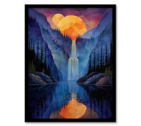Artery8 Wall Art Print Mirror Moon Waterfall Watercolour Night Mystic Art Framed Poster in Black | Size: W12" x H16" Artery8 Black W12" x H16"
