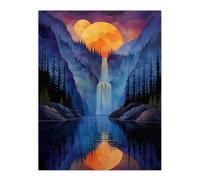 Artery8 Wall Art Print Mirror Moon Waterfall Watercolour Night Mystic Poster in Blue | Size: W12" x H16" Artery8 Blue W12" x H16"