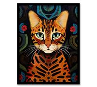 Artery8 Wall Art Print Mischievous Bengal Cat Orange Blue Green Oil Painting with Abstract Botanical Patterns Artwork Framed | Size: W12" x H16" Artery8 Multicolor W12" x H16"