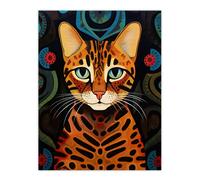 Artery8 Mischievous Bengal Cat Orange Blue Green Oil Painting with Abstract Botanical Patterns Extra Large XL Wall Art Poster Print