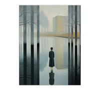 Artery8 Wall Art Print Mist Reflection Surreal Landscape with Lone Woman Poster Picture in Grey | Size: W24" x H32" Artery8 Grey W24" x H32"