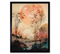 Artery8 Wall Art Print Misty Riverside Trees Sunset Landscape Modern Boho Watercolour Painting Art Framed in Black | Size: W12" x H16" Artery8 Black W12" x H16"