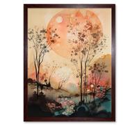 Artery8 Wall Art Print Misty Riverside Trees Sunset Landscape Modern Boho Watercolour Painting Art Framed in Brown | Size: W12" x H16" Artery8 Brown W12" x H16"