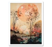Artery8 Wall Art Print Misty Riverside Trees Sunset Landscape Modern Boho Watercolour Painting Art Framed in White | Size: W12" x H16" Artery8 White W12" x H16"
