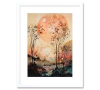 Artery8 Wall Art Print Misty Riverside Trees Sunset Landscape Modern Boho Watercolour Painting Artwork Framed 9X7 Inch in White | Size: W7" x H9" Artery8 White W7" x H9"