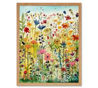 Artery8 Wall Art Print Mixed Wildflower Bloom In Meadow Folk Art Framed in Light Oak | Size: W12" x H16" Artery8 Light Oak W12" x H16"