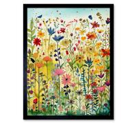 Artery8 Wall Art Print Mixed Wildflower Bloom In Meadow Folk Art Framed | Size: W12" x H16" Artery8 Multicolor W12" x H16"
