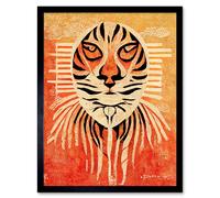 Artery8 Wall Art Print Modern Abstract Painting Quirky Tiger Warm Orange Art Framed in Black | Size: W12" x H16" Artery8 Black W12" x H16"
