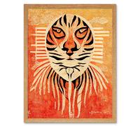 Artery8 Wall Art Print Modern Abstract Painting Quirky Tiger Warm Orange Art Framed in Light Oak | Size: W12" x H16" Artery8 Light Oak W12" x H16"