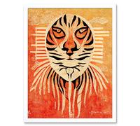 Artery8 Wall Art Print Modern Abstract Painting Quirky Tiger Warm Orange Art Framed in White | Size: W12" x H16" Artery8 White W12" x H16"