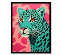 Artery8 Modern Aqua Green Leopard Print On Pink Pop Art Style Risograph Artwork Painting Art Print Framed Poster Wall Decor 12x16 inch