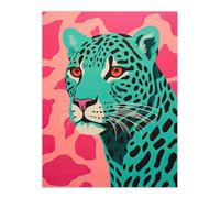 Artery8 Modern Aqua Green Leopard Print On Pink Pop Art Style Risograph Artwork Painting Extra Large XL Wall Art Poster Print
