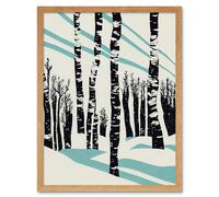 Artery8 Wall Art Print Modern Birch Tree Forest in Winter Modern Stencil Design Monochrome & Teal Art Framed in Light Oak | Size: W12" x H16" Artery8 Light Oak W12" x H16"