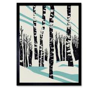 Artery8 Wall Art Print Modern Birch Tree Forest in Winter Modern Stencil Design Monochrome & Teal Art Framed in Black | Size: W12" x H16" Artery8 Black W12" x H16"