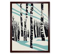 Artery8 Wall Art Print Modern Birch Tree Forest in Winter Modern Stencil Design Monochrome & Teal Art Framed in Brown | Size: W12" x H16" Artery8 Brown W12" x H16"