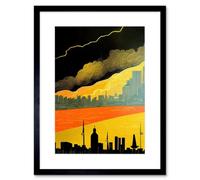 Artery8 Wall Art Print Modern Black Yellow Orange Linocut London Skyline Cityscape Storm Lightning Artwork Framed 9X7 Inch