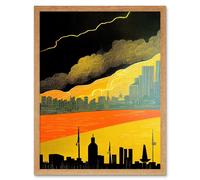 Artery8 Wall Art Print Modern Black Yellow Orange Linocut London Skyline Cityscape Storm Lightning Art Framed in Light Oak | Size: W12" x H16" Artery8 Light Oak W12" x H16"