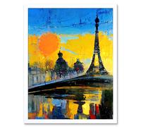Artery8 Wall Art Print Modern Bright Abstract Paris At Sunrise Cityscape Eiffel Tower Art Framed in White | Size: W12" x H16" Artery8 White W12" x H16"
