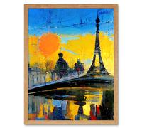 Artery8 Wall Art Print Modern Bright Abstract Paris At Sunrise Cityscape Eiffel Tower Art Framed in Light Oak | Size: W12" x H16" Artery8 Light Oak W12" x H16"