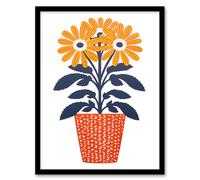 Artery8 Wall Art Print Modern Coral & Blue Pot Plant Artwork By Sofia Francis Simple Elegant Art Framed in Black | Size: A4 Artery8 Black A4