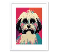 Artery8 Wall Art Print Modern Cute Shih Tzu Dog Vibrant Bright Portrait in Pink Blue Orange Cream Artwork Framed 9X7 Inch in White | Size: W7" x H9" Artery8 White W7" x H9"