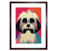Artery8 Wall Art Print Modern Cute Shih Tzu Dog Vibrant Bright Portrait in Pink Blue Orange Cream Artwork Framed 9X7 Inch in Brown | Size: W7" x H9" Artery8 Brown W7" x H9"