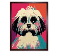Artery8 Wall Art Print Modern Cute Shih Tzu Dog Vibrant Bright Portrait in Pink Blue Orange Cream Art Framed in Brown | Size: W12" x H16" Artery8 Brown W12" x H16"