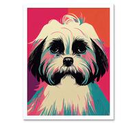 Artery8 Wall Art Print Modern Cute Shih Tzu Dog Vibrant Bright Portrait in Pink Blue Orange Cream Art Framed in White | Size: W12" x H16" Artery8 White W12" x H16"