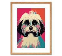 Artery8 Wall Art Print Modern Cute Shih Tzu Dog Vibrant Bright Portrait in Pink Blue Orange Cream Artwork Framed 9X7 Inch in Beige | Size: W7" x H9" Artery8 Beige W7" x H9"