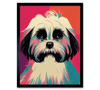 Artery8 Wall Art Print Modern Cute Shih Tzu Dog Vibrant Bright Portrait in Pink Blue Orange Cream Art Framed in Black | Size: W12" x H16" Artery8 Black W12" x H16"