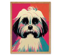 Artery8 Wall Art Print Modern Cute Shih Tzu Dog Vibrant Bright Portrait in Pink Blue Orange Cream Art Framed in Light Oak | Size: W12" x H16" Artery8 Light Oak W12" x H16"
