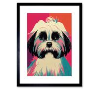 Artery8 Wall Art Print Modern Cute Shih Tzu Dog Vibrant Bright Portrait in Pink Blue Orange Cream Artwork Framed 9X7 Inch in Black | Size: W7" x H9" Artery8 Black W7" x H9"