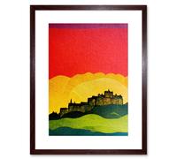 Artery8 Wall Art Print Modern Edinburgh Castle Vibrant Rainbow Colour Sunset Scottish Cityscape Coral Yellow Green Blue Artwork Framed 9X7 Inch Artery8 Brown W7" x H9"
