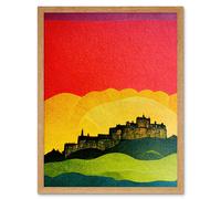 Artery8 Wall Art Print Modern Edinburgh Castle Vibrant Rainbow Colour Sunset Scottish Cityscape Coral Yellow Green Blue Art Framed Artery8 Light Oak W12" x H16"