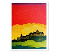 Artery8 Wall Art Print Modern Edinburgh Castle Vibrant Rainbow Colour Sunset Scottish Cityscape Coral Yellow Green Blue Art Framed Artery8 White W12" x H16"