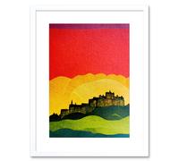 Artery8 Wall Art Print Modern Edinburgh Castle Vibrant Rainbow Colour Sunset Scottish Cityscape Coral Yellow Green Blue Artwork Framed 9X7 Inch Artery8 White W7" x H9"