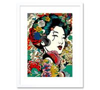 Artery8 Wall Art Print Modern Geisha Portrait Flower Patterns Bright Floral Japan Japan Sage Green Artwork Framed 9X7 Inch in White | Size: W7" x H9" Artery8 White W7" x H9"