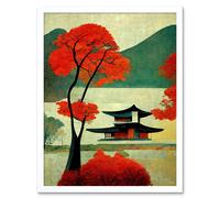 Artery8 Wall Art Print Modern Japanese Red Maple Tree Art Framed in White | Size: W12" x H16" Artery8 White W12" x H16"