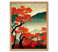 Artery8 Wall Art Print Modern Japanese Red Maple Trees On Hillside Art Framed in Light Oak | Size: W12" x H16" Artery8 Light Oak W12" x H16"