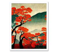 Artery8 Wall Art Print Modern Japanese Red Maple Trees On Hillside Art Framed in White | Size: W12" x H16" Artery8 White W12" x H16"